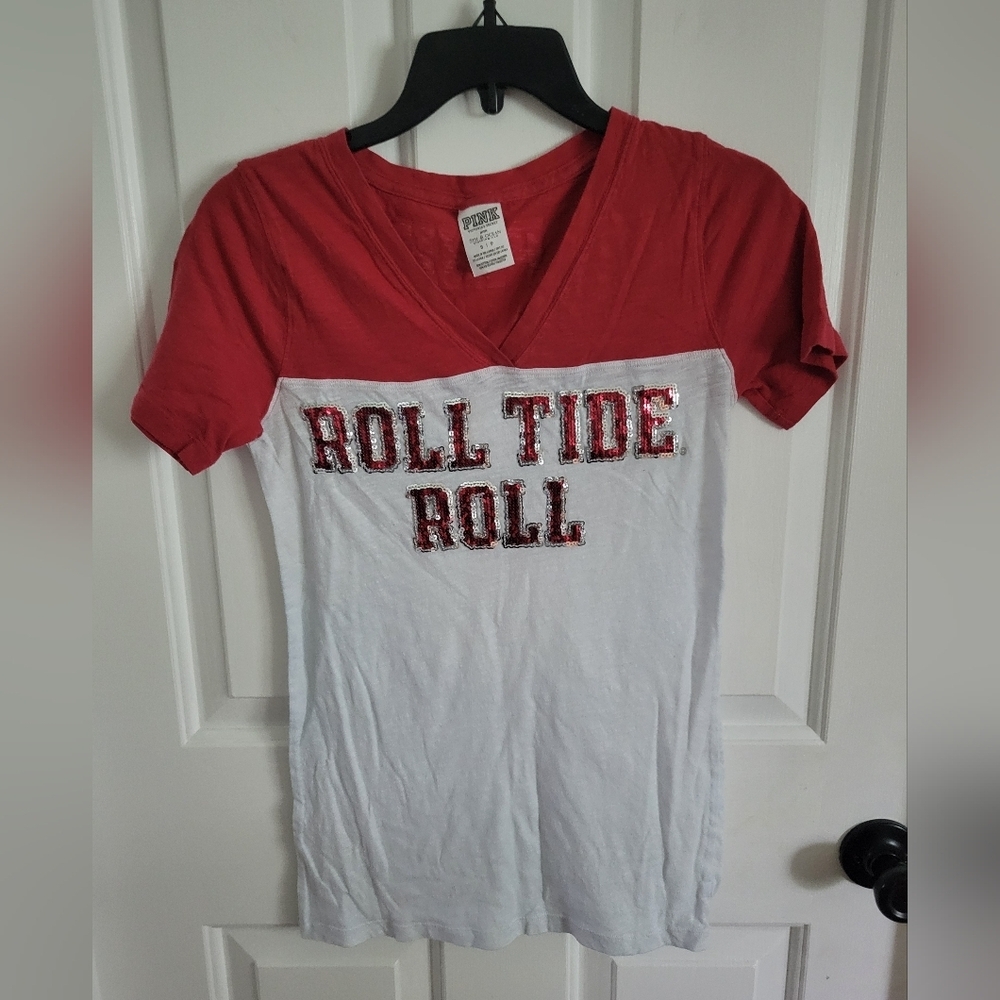 PINK Victoria's Secret Women's Collegiate Alabama Sequin Roll Tide Roll Tee Sz S